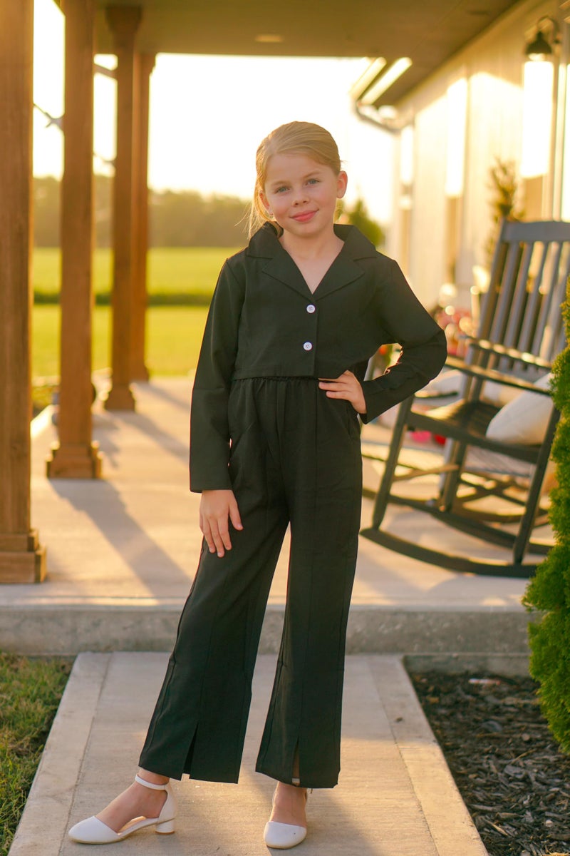 HIHA Size 10 Girls Jumpsuits Outfit 10 Years Little Wide Leg Romper with Cropped Blazer 2 Piece Fall Winter Clothes Black Size 9-10 - Image 2