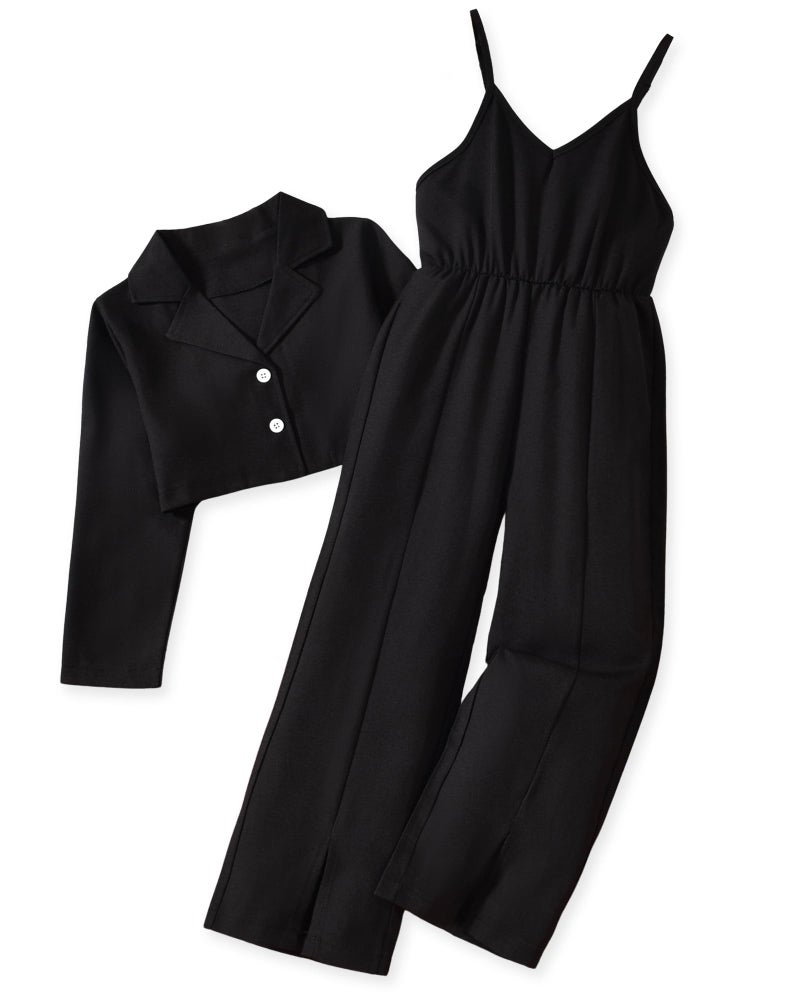 HIHA Size 10 Girls Jumpsuits Outfit 10 Years Little Wide Leg Romper with Cropped Blazer 2 Piece Fall Winter Clothes Black Size 9-10 - Image 1