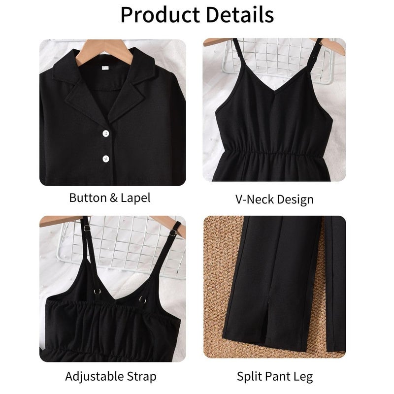 HIHA Size 10 Girls Jumpsuits Outfit 10 Years Little Wide Leg Romper with Cropped Blazer 2 Piece Fall Winter Clothes Black Size 9-10 - Image 4