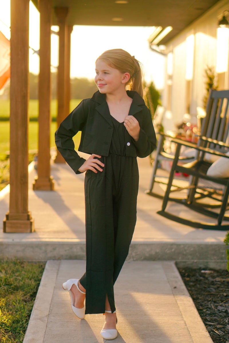 HIHA Size 10 Girls Jumpsuits Outfit 10 Years Little Wide Leg Romper with Cropped Blazer 2 Piece Fall Winter Clothes Black Size 9-10 - Image 3