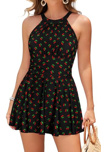 SHEKINI Womens Elegant One Piece Swimdress High Neck Swim Dress Ruched Swim Skirt(Cherry-Black, Medium) - Image 1