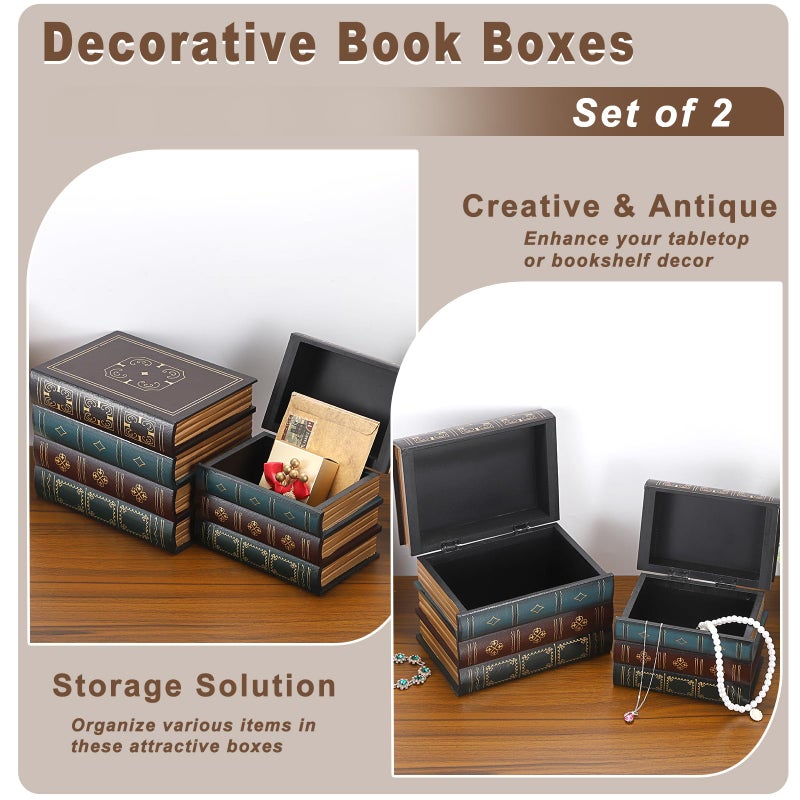 Hoowen 2 Pack Decorative Book Boxes, Wooden Vintage Book Shaped Trinket Box with Lid, Faux Stacked Hollow Books with Hidden Storage, Antique Container for Table Centerpiece, Bookshelf, Library Decor - Image 4