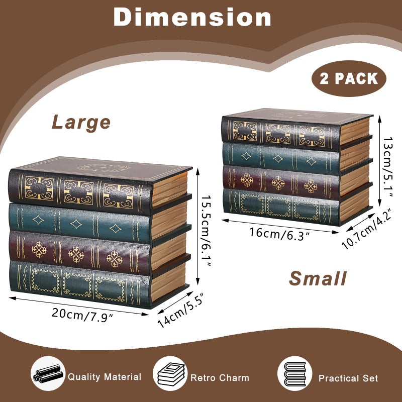 Hoowen 2 Pack Decorative Book Boxes, Wooden Vintage Book Shaped Trinket Box with Lid, Faux Stacked Hollow Books with Hidden Storage, Antique Container for Table Centerpiece, Bookshelf, Library Decor - Image 3