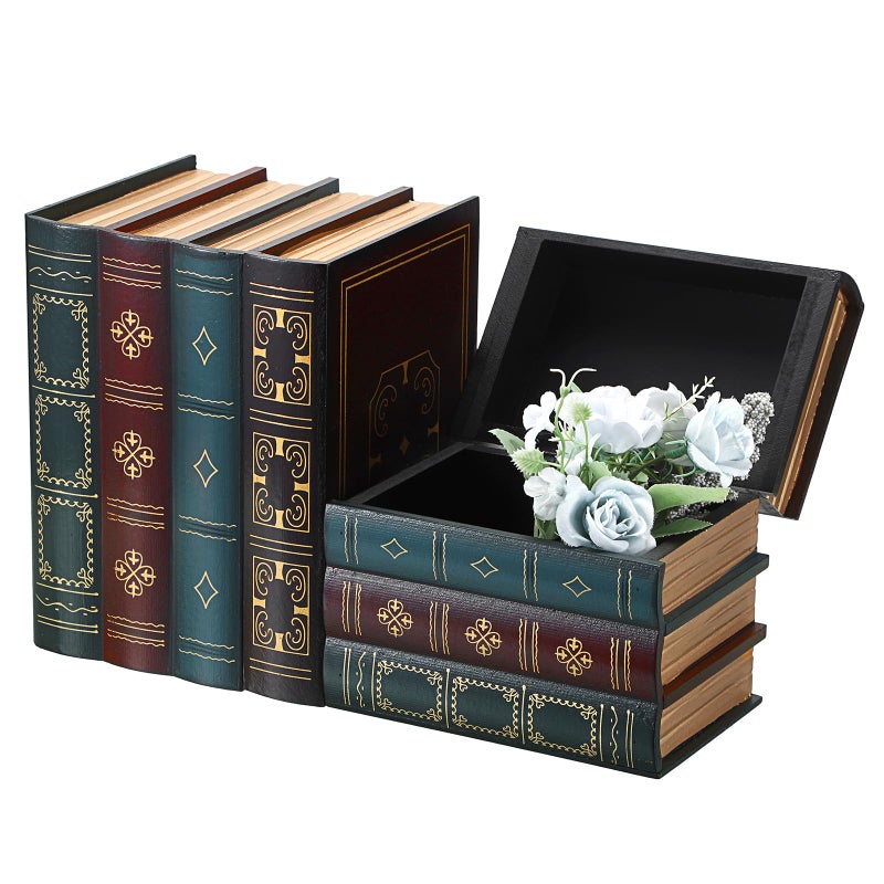 Hoowen 2 Pack Decorative Book Boxes, Wooden Vintage Book Shaped Trinket Box with Lid, Faux Stacked Hollow Books with Hidden Storage, Antique Container for Table Centerpiece, Bookshelf, Library Decor - Image 1
