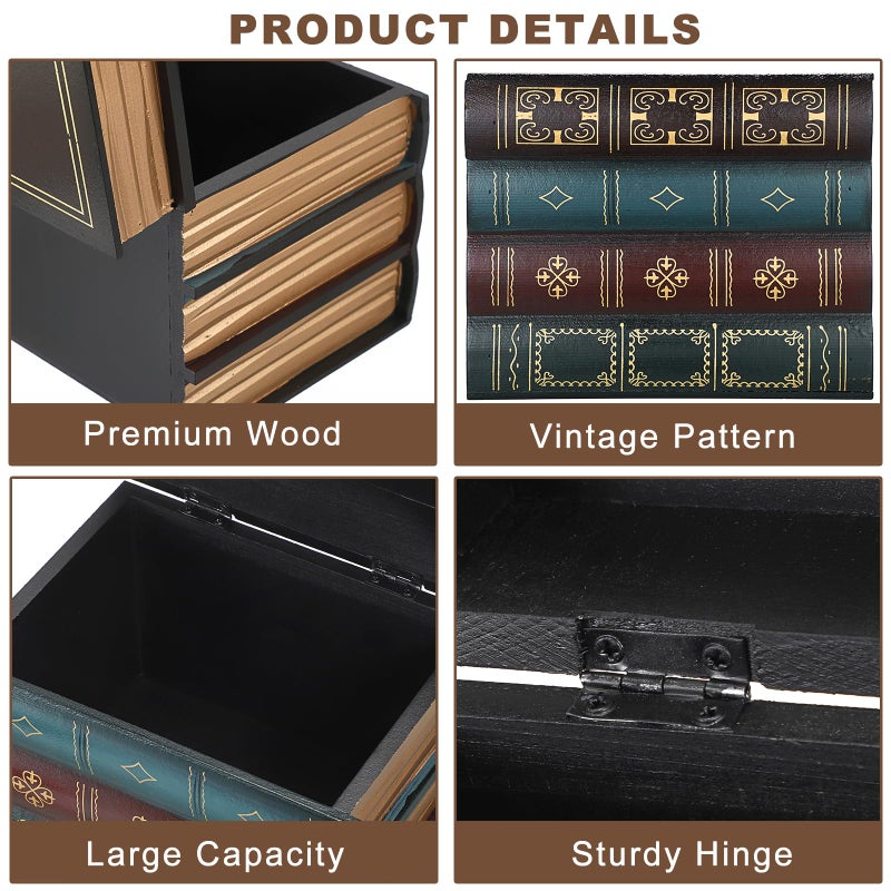Hoowen 2 Pack Decorative Book Boxes, Wooden Vintage Book Shaped Trinket Box with Lid, Faux Stacked Hollow Books with Hidden Storage, Antique Container for Table Centerpiece, Bookshelf, Library Decor - Image 5