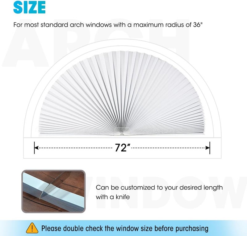 Touri Arch Window Light Filtering Pleated Shade Blinds for semi-Circle Arch Window, 2 PCS 60%-70% Shade, Easy to Cut and Install, 72” x 36”, White - Image 4