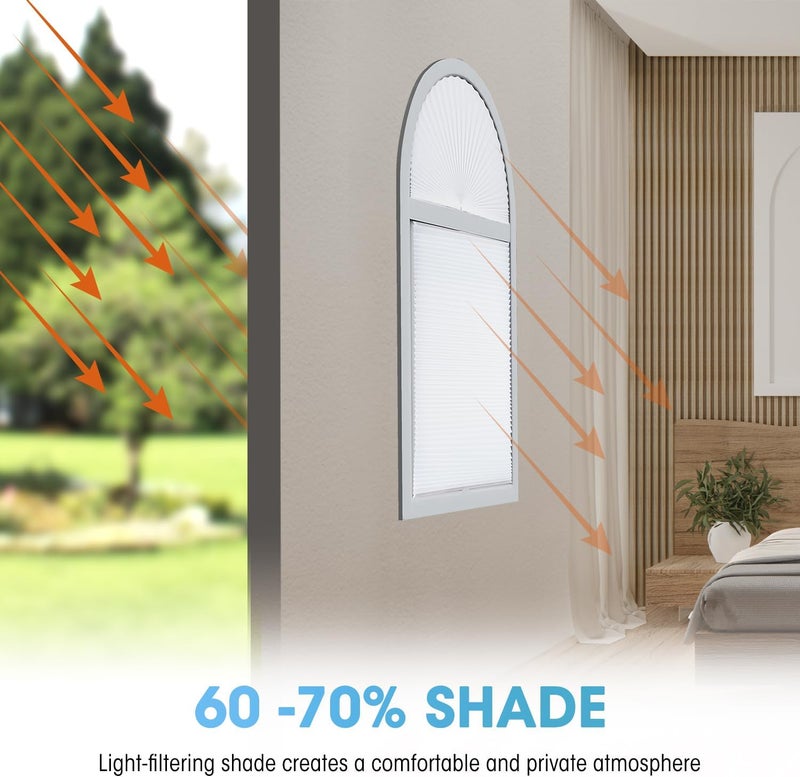Touri Arch Window Light Filtering Pleated Shade Blinds for semi-Circle Arch Window, 2 PCS 60%-70% Shade, Easy to Cut and Install, 72” x 36”, White - Image 3