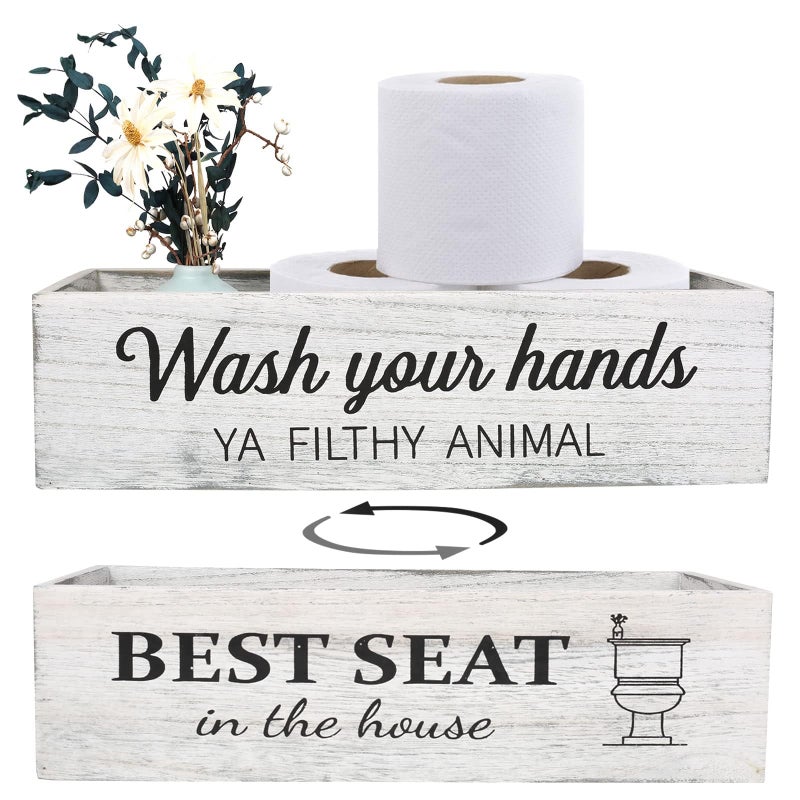 CuffUp Bathroom Decor Box, Toilet Paper Basket With 2 Sides Signs, Farmhouse Tank Topper, Rustic Home Decor for Livingroom Kitchen (One Whitewashed Box) - Image 1