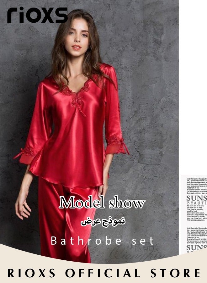 RIOXS Women's Silk Pajamas Set 2 Piece Sleepwear Sets Long Sleeve Top And Pants Lingerie Loungewear Sets  - Image 3