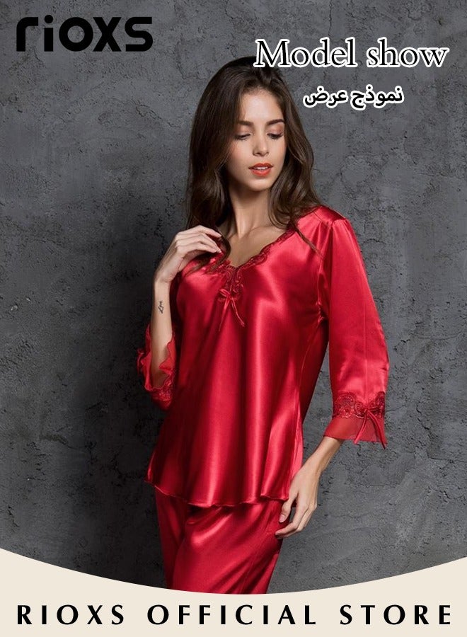 RIOXS Women's Silk Pajamas Set 2 Piece Sleepwear Sets Long Sleeve Top And Pants Lingerie Loungewear Sets  - Image 4