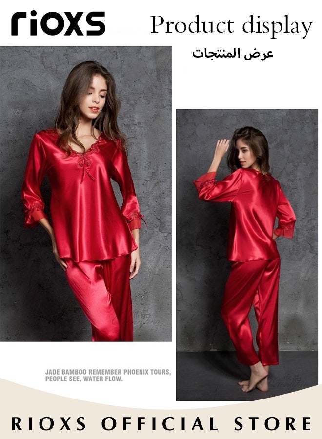 RIOXS Women's Silk Pajamas Set 2 Piece Sleepwear Sets Long Sleeve Top And Pants Lingerie Loungewear Sets  - Image 5