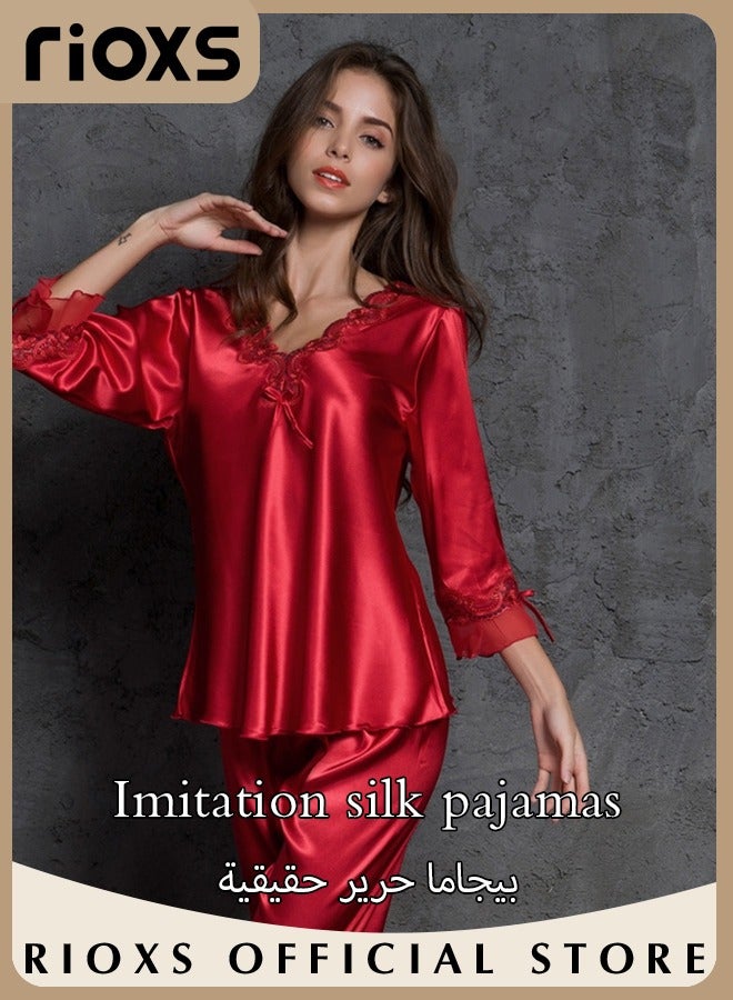 RIOXS Women's Silk Pajamas Set 2 Piece Sleepwear Sets Long Sleeve Top And Pants Lingerie Loungewear Sets  - Image 2
