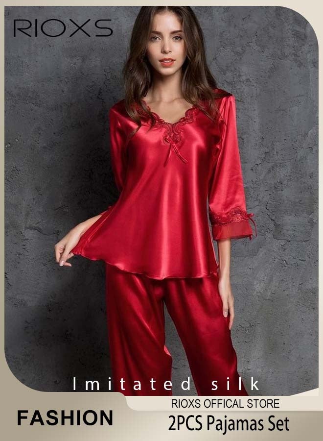 RIOXS Women's Silk Pajamas Set 2 Piece Sleepwear Sets Long Sleeve Top And Pants Lingerie Loungewear Sets  - Image 1
