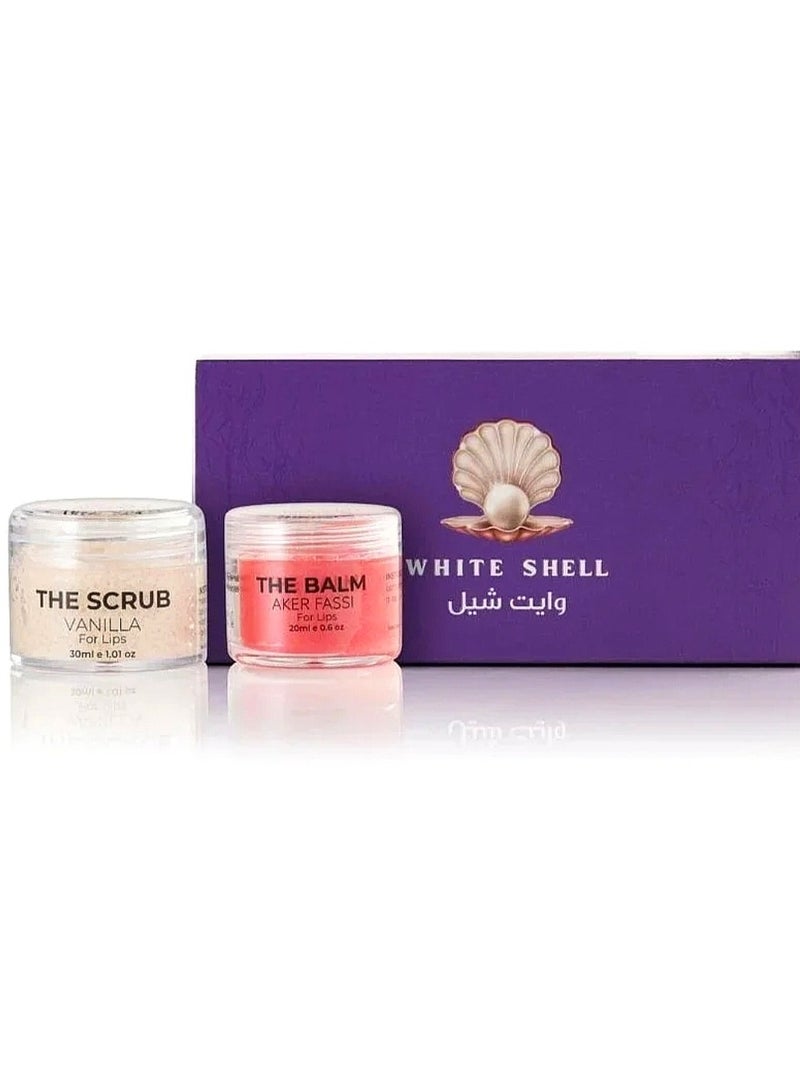 white shell The Scrub Vanilla For Lips 30 ml And The Balm Aker Fassi For Lips 20ml - Image 1