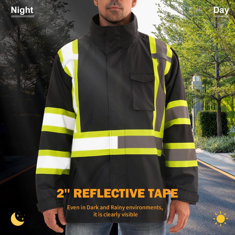 Dpsafety Reflective Rain Jackets For Men Waterproof,Hi Vis Safety Coat With Reflective Strips,High Visibility Class 3 Rain Jackets With 2 Large Pockets,Zipper,Black ,Sm/Md - Image 5