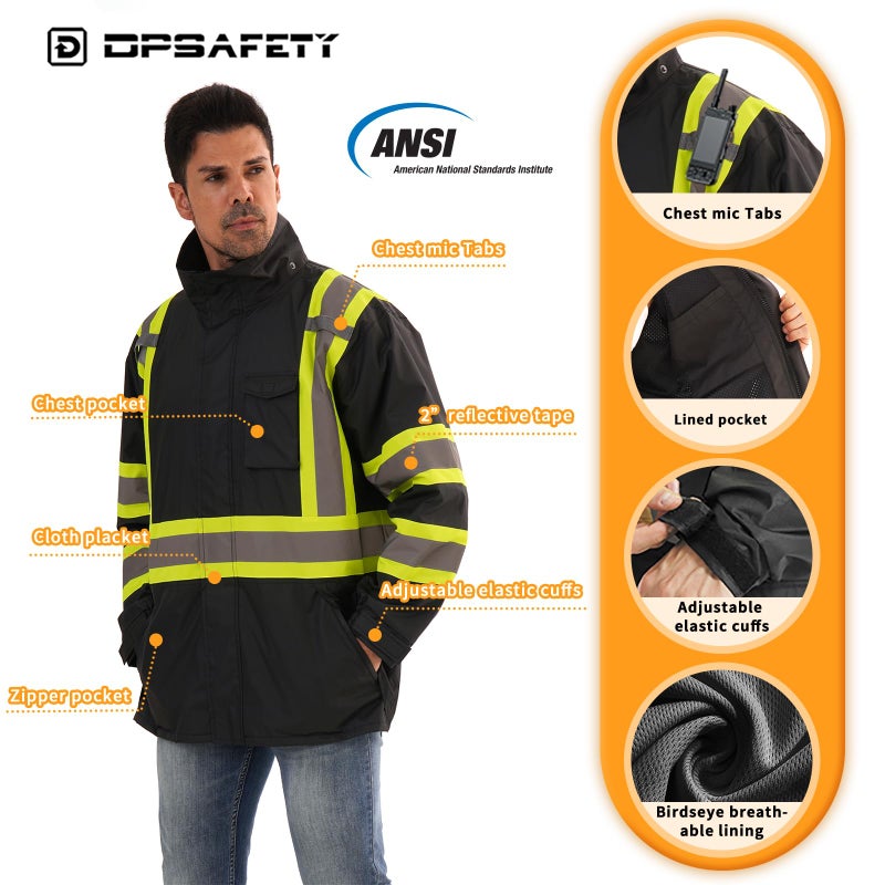 Dpsafety Reflective Rain Jackets For Men Waterproof,Hi Vis Safety Coat With Reflective Strips,High Visibility Class 3 Rain Jackets With 2 Large Pockets,Zipper,Black ,Sm/Md - Image 2