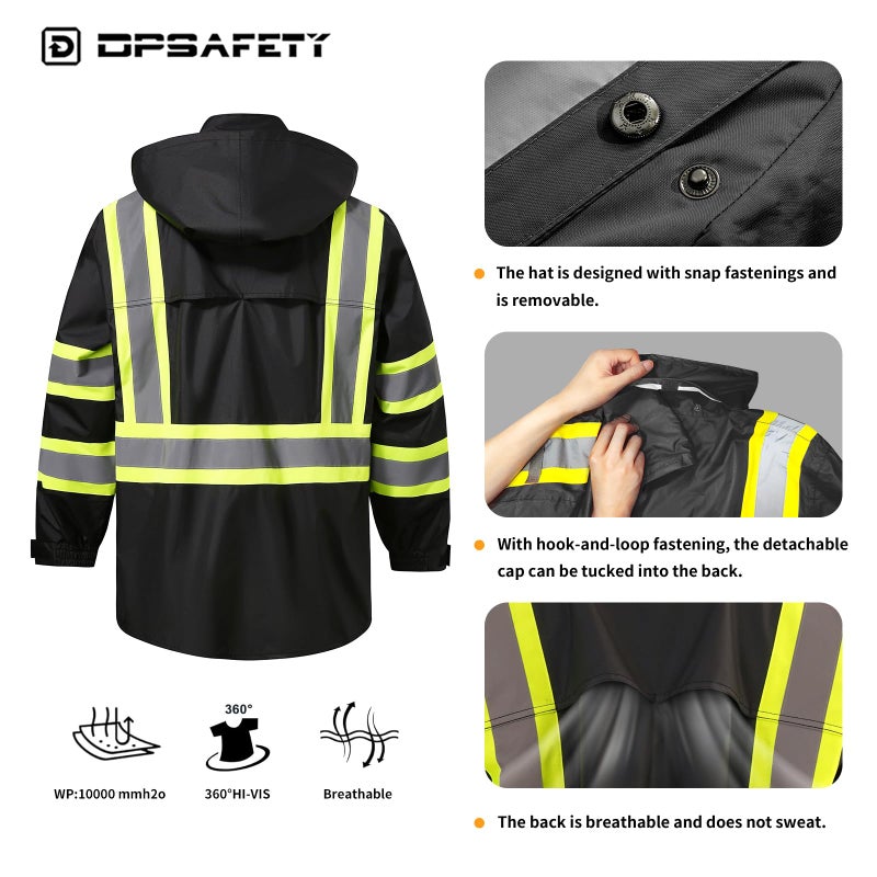 Dpsafety Reflective Rain Jackets For Men Waterproof,Hi Vis Safety Coat With Reflective Strips,High Visibility Class 3 Rain Jackets With 2 Large Pockets,Zipper,Black ,Sm/Md - Image 3