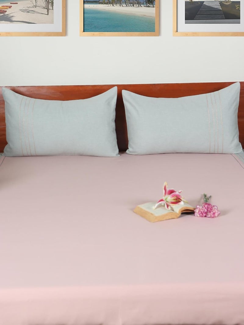 ZEBA World Cotton Blend Hand Embroidered Bedcover for Double Bed with 2 Pillow Covers Chawal Taka Duckegg Pink with Blue Pillows Bedcover 90 x 108inches 75x9ft Pillow 17x27in - Image 3