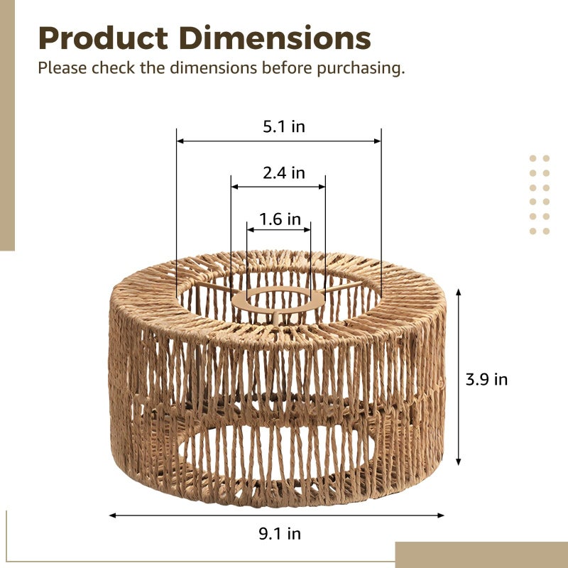 TIMCORR Rattan Lamp Shade,Small Bohemian Wicker Woven Rattan Cylinder Lampshade, Bamboo Paper Handwoven Lamp Cover for Living Rooms,Cafes,Restaurants,Tea Rooms, Easy Installation(9.1 X 9.1 X 3.9 IN) - Image 5