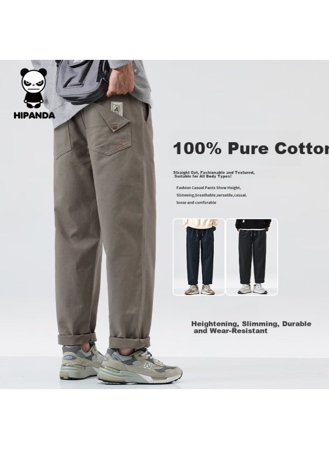 Hipanda Men's Casual Pants Autumn Winter American Style Pure Cotton Loose Straight Leg Sports Versatile Workwear Trousers Camel Gray 2XL - Image 1