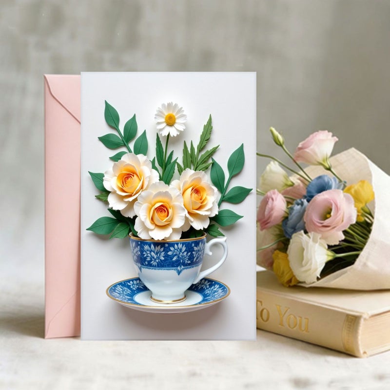 Pink Envelope Floral Greeting Card Blue White Gold Roses Daisies Birthday Wedding Anniversary - Image 1