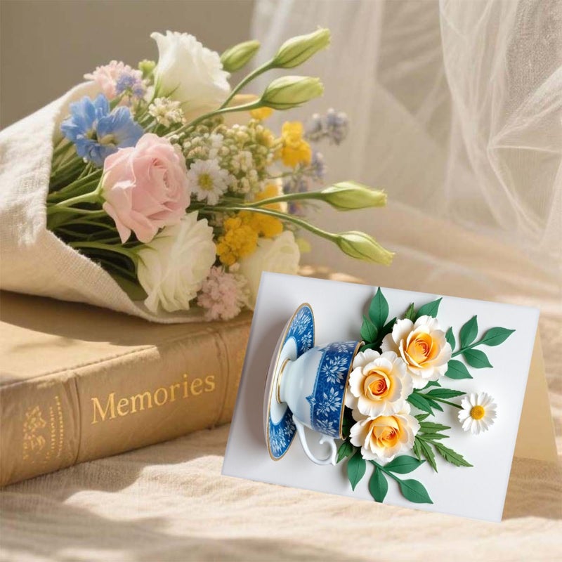 Pink Envelope Floral Greeting Card Blue White Gold Roses Daisies Birthday Wedding Anniversary - Image 4