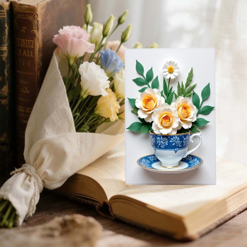 Pink Envelope Floral Greeting Card Blue White Gold Roses Daisies Birthday Wedding Anniversary - Image 3
