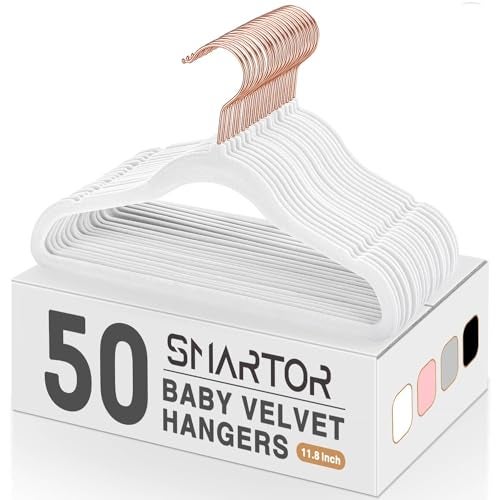 Smartor 11.8" Premium Baby Hangers Velvet for Closet 50 Pack, Durable Kids Felt Hangers Non Slip for Toddler, Baby Clothes Hangers for Childrens on Closet Storage (Rose Gold Hook)- White - Image 1