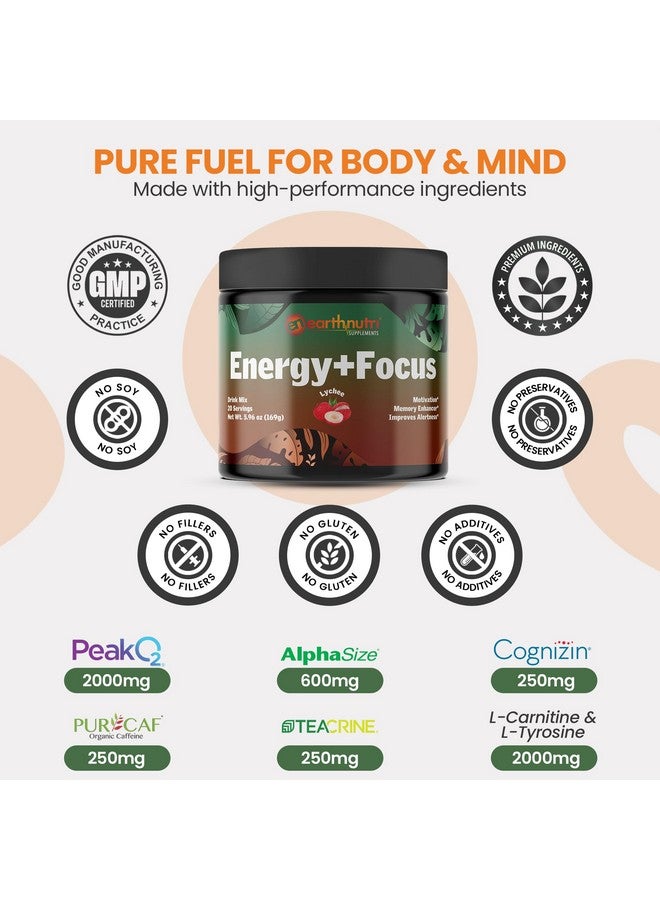 EarthNutri Energy + Focus Powder Supplement - Energy Boost & Memory Enhancer with PeakO2, AlphaSize, Cognizin, PurCaf, Theacrine, Acetyl L-Carnitine and L-Tyrosine - Lychee Flavor - 20 Servings (171g) - Image 3