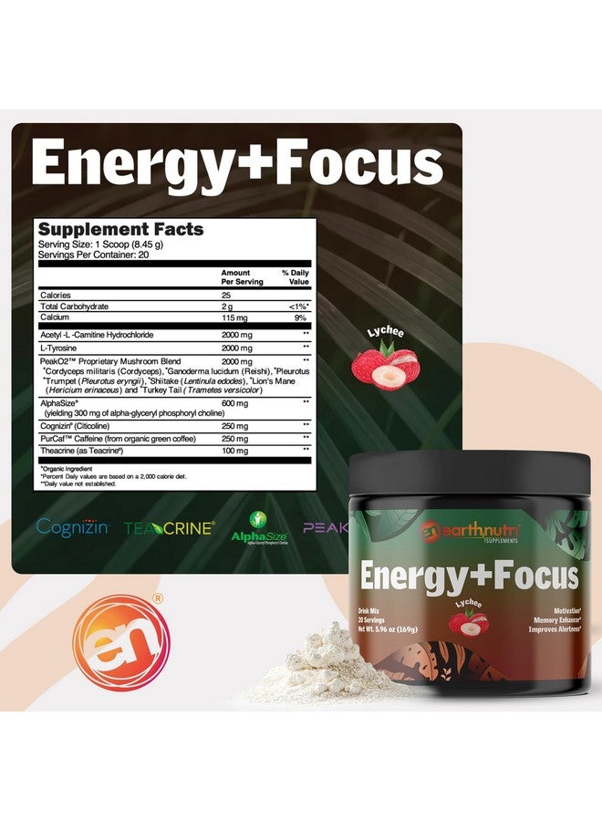 EarthNutri Energy + Focus Powder Supplement - Energy Boost & Memory Enhancer with PeakO2, AlphaSize, Cognizin, PurCaf, Theacrine, Acetyl L-Carnitine and L-Tyrosine - Lychee Flavor - 20 Servings (171g) - Image 4