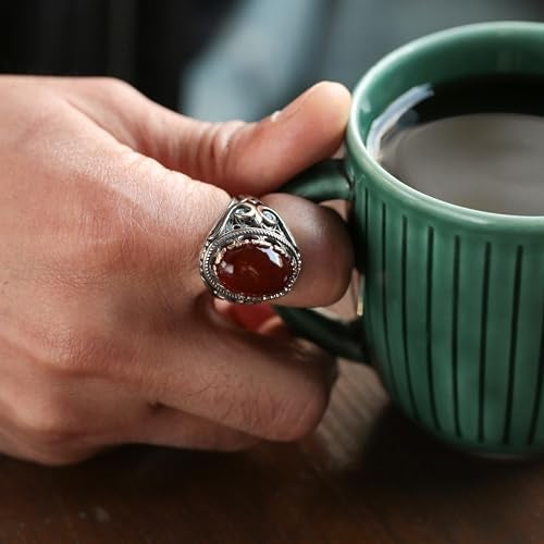 Babylon Silver Men's Natural Red Agate Oval Ring in Genuine Solid 925 Sterling Silver Accented with bronze, Authentic Vintage Turkish Ottoman Style (Red Agate, 13) - Image 2