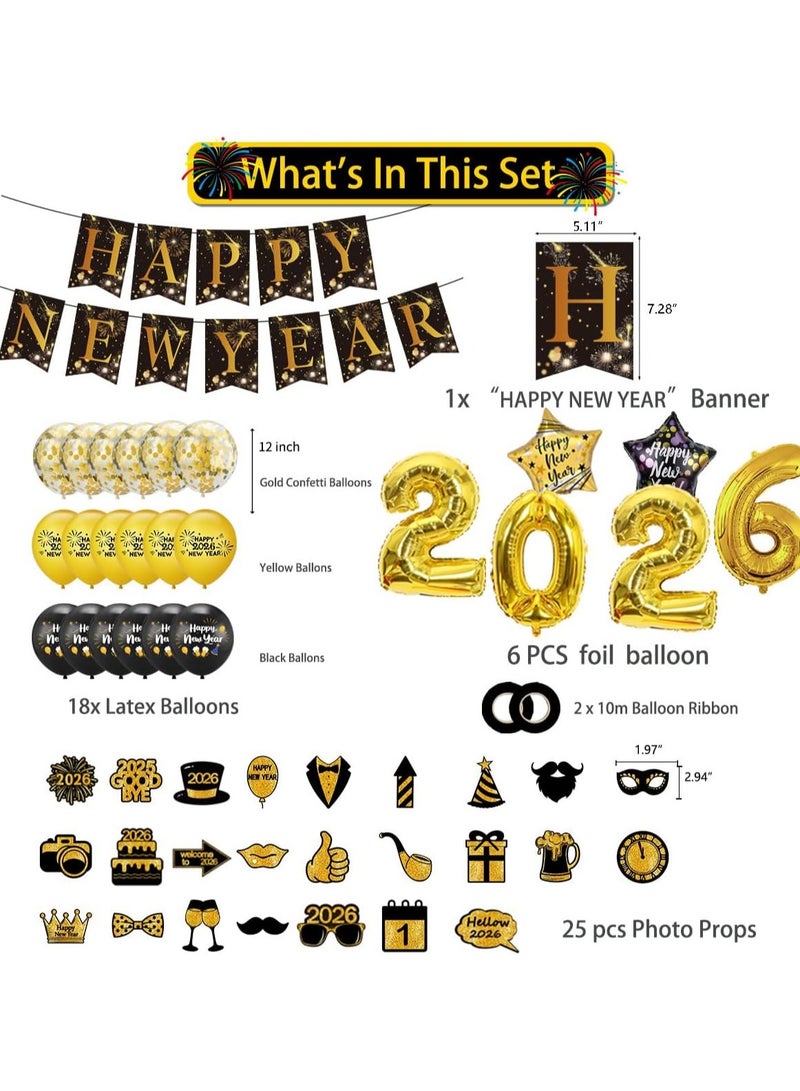 general 2026 Party Supplies Set - Large, 25-Piece | Gold and Black Happy New Year Banner, 2026 Number Balloons, New Year Foil Balloons | 2026 New Year's Eve Decorations, 2026 New Year Decorations - Image 2
