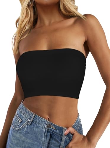 CHICGAL Tube Tops for Women Summer Crop Top Basic Casual Bandeau Going Out Strapless Short Shirt(Black,One Size Regular) - Image 1