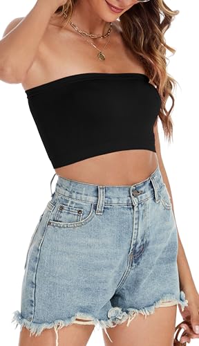 CHICGAL Tube Tops for Women Summer Crop Top Basic Casual Bandeau Going Out Strapless Short Shirt(Black,One Size Regular) - Image 4