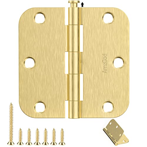 AmzGod Satin Brass Door Hinges - 12 Pack Gold Door Hinges 3.5 Inch Rounded Interior Door Hinge with 5/8" Radius - 3 1/2 Inches Flat Iron Brass Hinges for Residential Standard Doors - Image 1