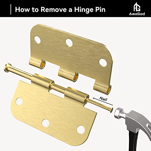 AmzGod Satin Brass Door Hinges - 12 Pack Gold Door Hinges 3.5 Inch Rounded Interior Door Hinge with 5/8" Radius - 3 1/2 Inches Flat Iron Brass Hinges for Residential Standard Doors - Image 5