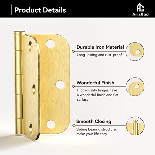 AmzGod Satin Brass Door Hinges - 12 Pack Gold Door Hinges 3.5 Inch Rounded Interior Door Hinge with 5/8" Radius - 3 1/2 Inches Flat Iron Brass Hinges for Residential Standard Doors - Image 4