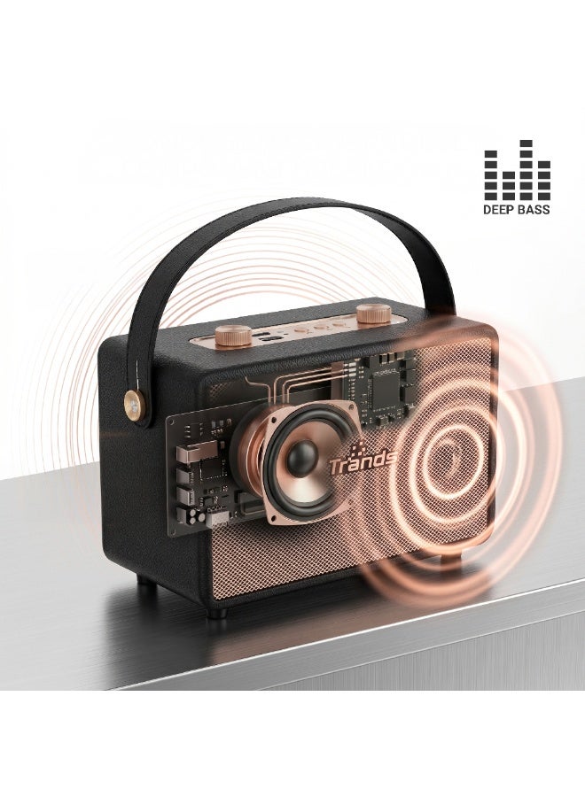 Trands 10W Portable Retro Wireless Bluetooth Speaker - Vintage Design with Hanging Strap, Stereo Sound, Deep Bass, Supports USB/TF/AUX - SP2070 Black - Image 4
