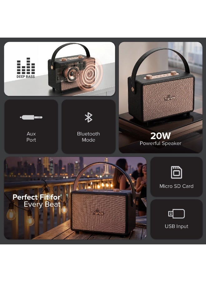 Trands 10W Portable Retro Wireless Bluetooth Speaker - Vintage Design with Hanging Strap, Stereo Sound, Deep Bass, Supports USB/TF/AUX - SP2070 Black - Image 2