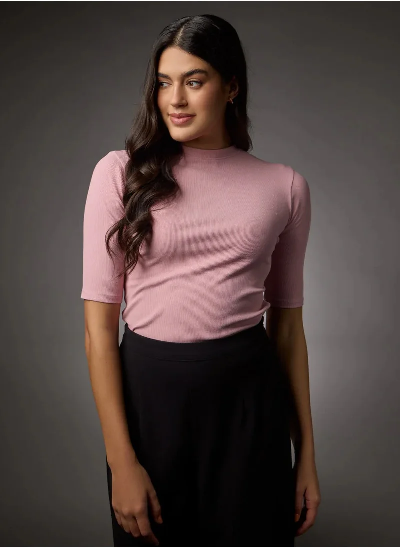 Zigzag Short Sleeve High Neck Rib Top- Salmon Pink
