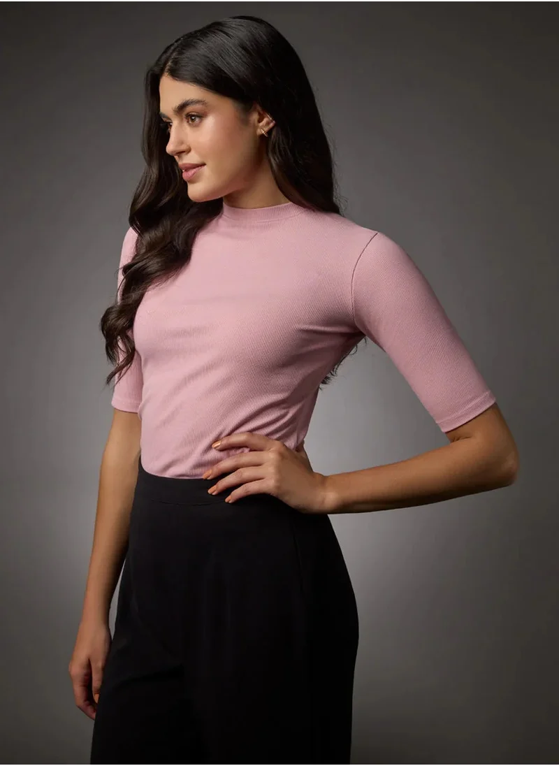 Zigzag Short Sleeve High Neck Rib Top- Salmon Pink