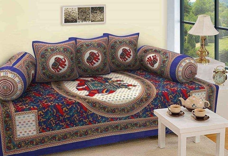 100% Pure Cotton Jaipuri Diwan Set of 6 Pcs (1 Bedsheet, 2 Bolster Cover, 3 Cushion Cover) | Cotton Diwan Set for Drawing Room, Living Room and Bedroom (Blue-Elphnt)