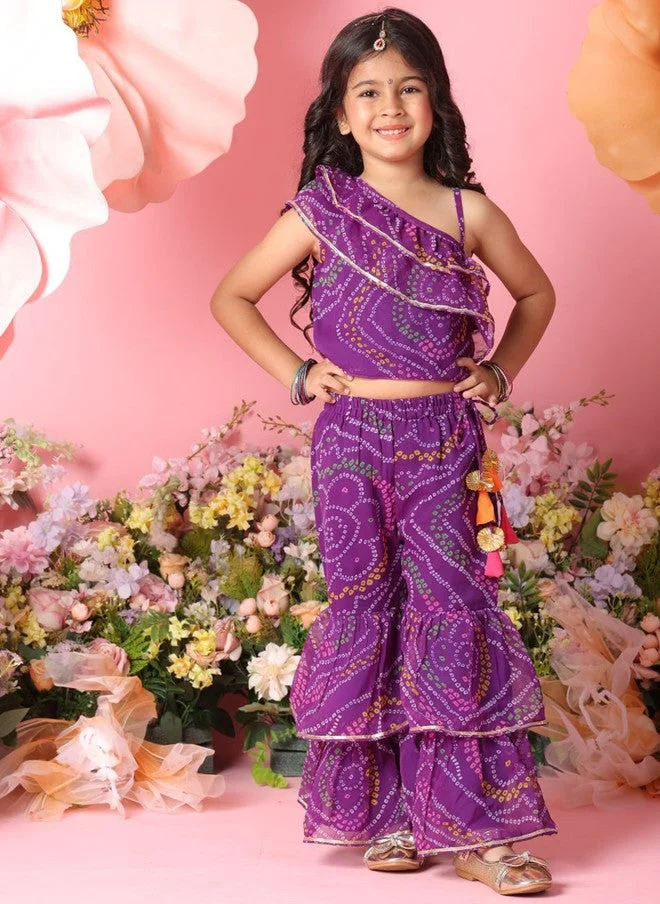 Saka Designs Girls Purple Bandhani Printed One Shoulder Top & Palazzos