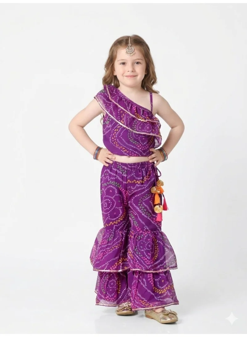 Saka Designs Girls Purple Bandhani Printed One Shoulder Top & Palazzos