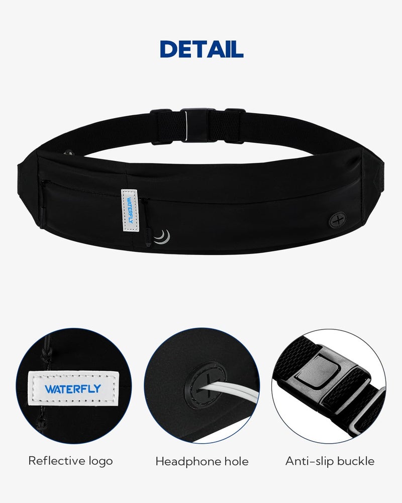 WATERFLY Running Belt Fanny Pack: Runner Marathon Jogging Waist Pack Sport Workout Exercise Fitness Phone Holder Belt for Men Women Jogger Slim Waist Bag Black - Image 5