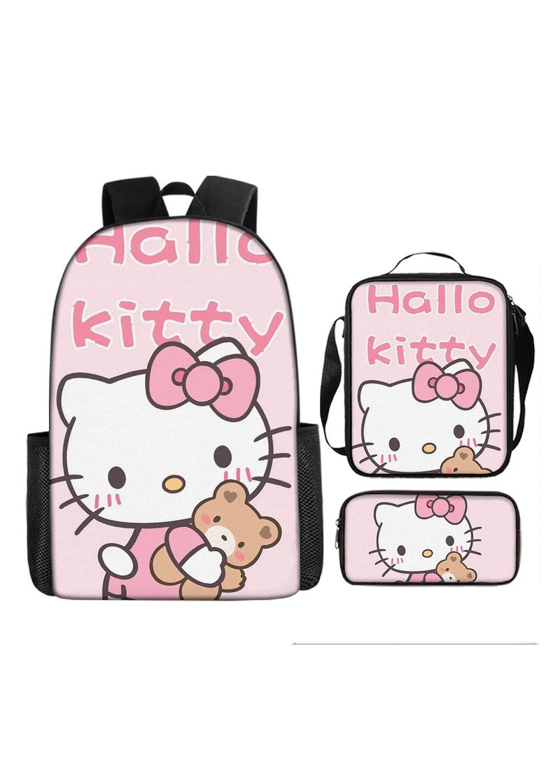 Hello Kitty Cute Cat Girls Backpack Student Schoolbag Backpack 29*16*42CM + Shoulder Bag 19*6*23CM + Pen Bag 24*7*11CM Three-piece Set  - Image 1