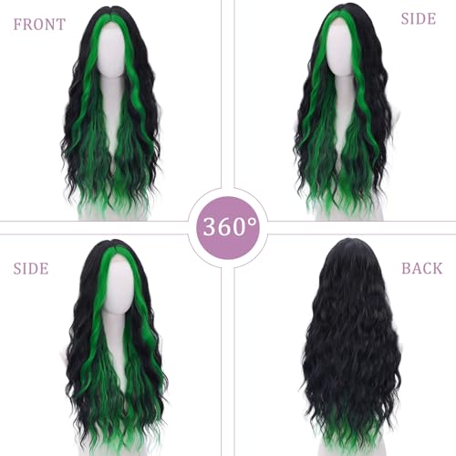 WECAN Green Wig Black and Green Wigs for Women Long Natural Wavy Synthetic Wig Heat Resistant Fiber Wigs for Daily Party Halloween Cosplay - Image 3