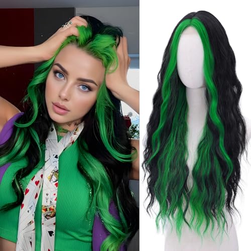 WECAN Green Wig Black and Green Wigs for Women Long Natural Wavy Synthetic Wig Heat Resistant Fiber Wigs for Daily Party Halloween Cosplay - Image 1