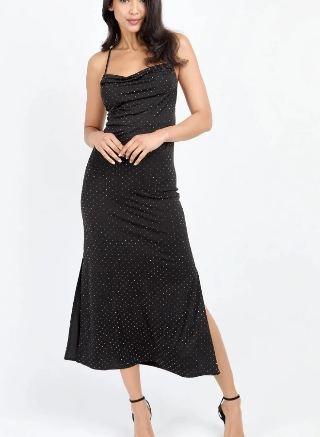 Little Mistress Black Embellished Slinky Cowl Neck Midi Dress