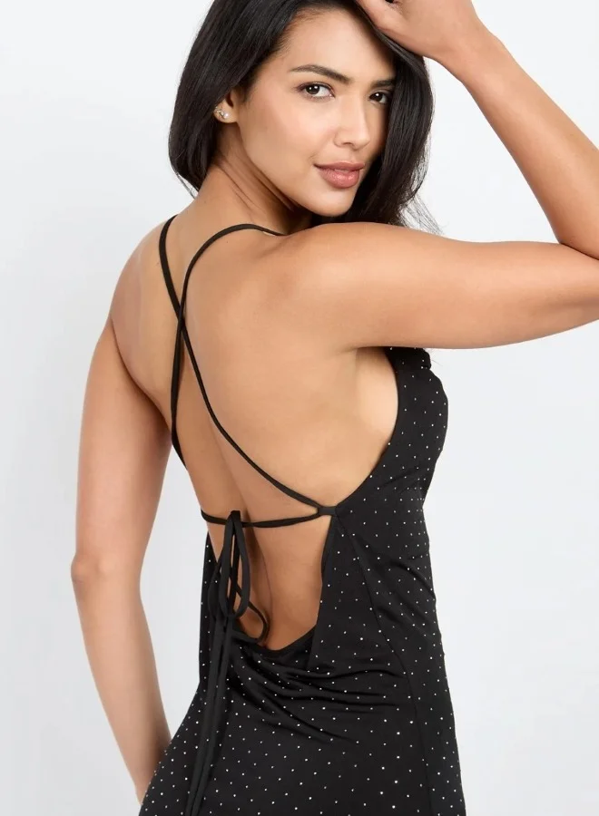 Little Mistress Black Embellished Slinky Cowl Neck Midi Dress